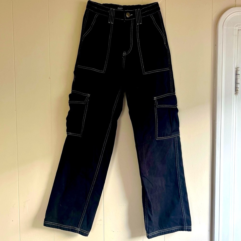 BDG Skate Black Denim Cargo Pants with White Stitching